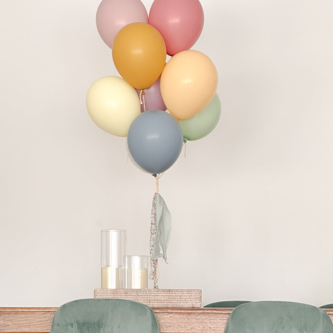 Bouquet of powdered latex balloons inflated with helium
