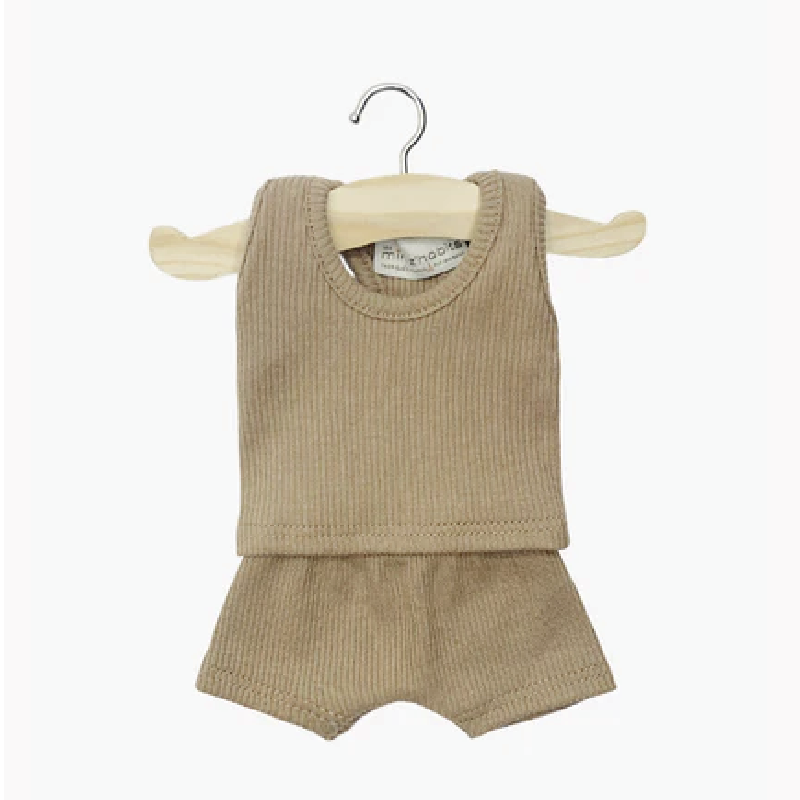 Ropa interior canalé camiseta y pantalón marrón para muñeca Minikane Gordis