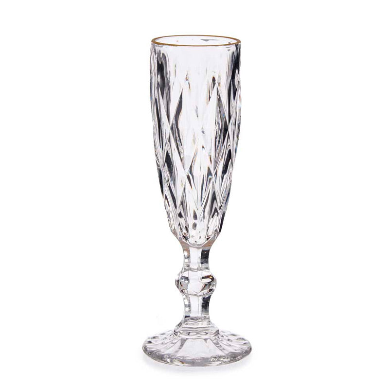 Copo de vidro champanhe diamante transparente com borda dourada / 6 unid.