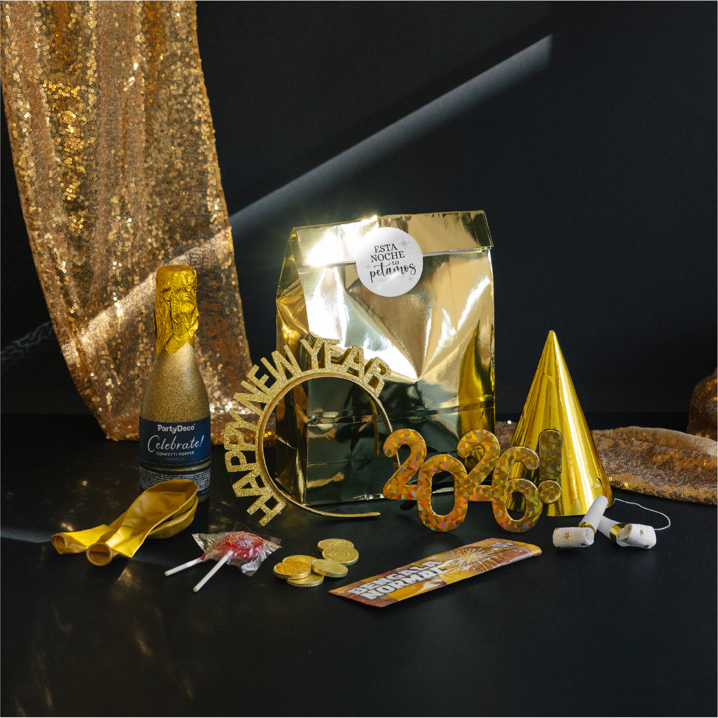 Kit cotillón 2 pers. Nochevieja dorado PREMIUM