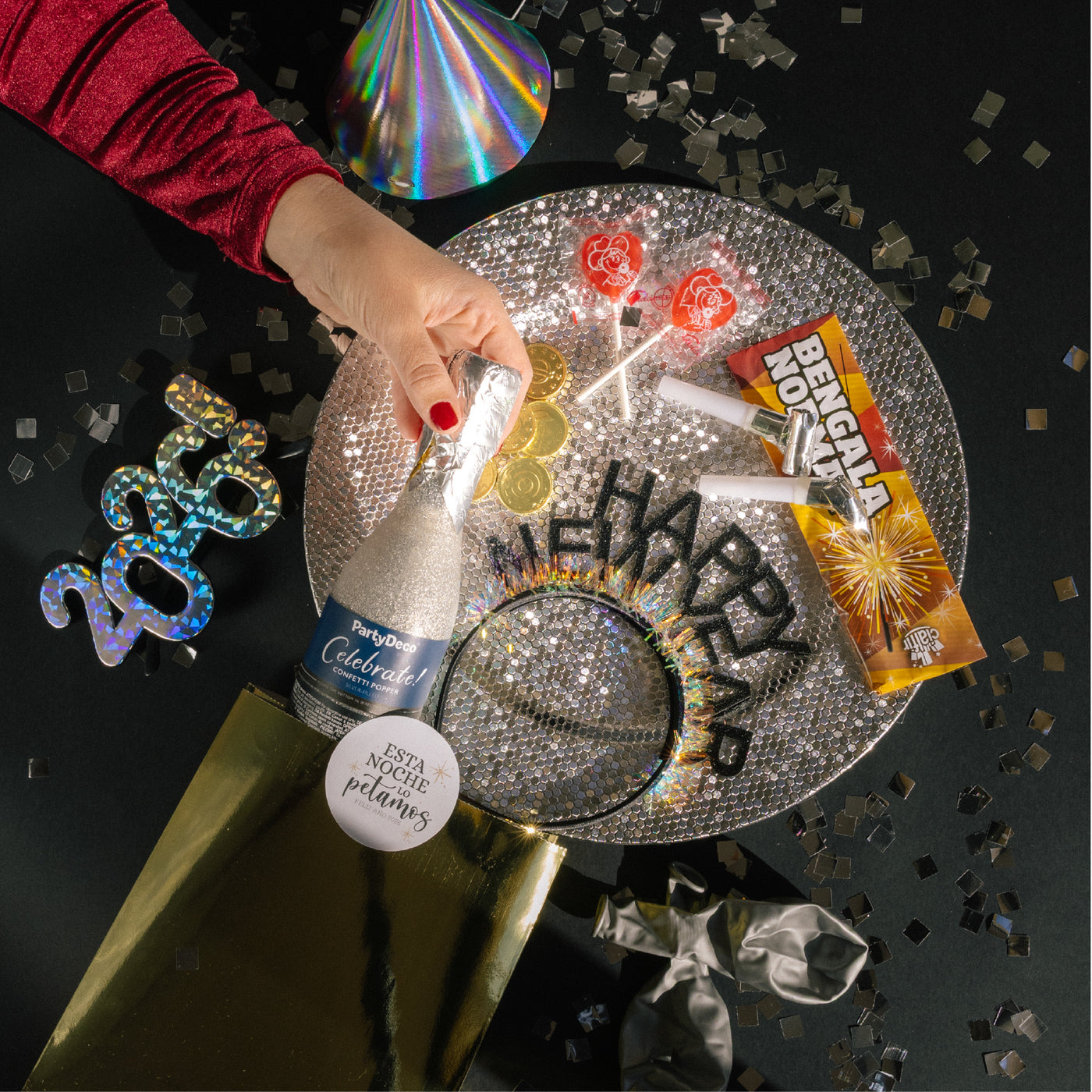 Kit cotillón 2 pers. Nochevieja plata PREMIUM