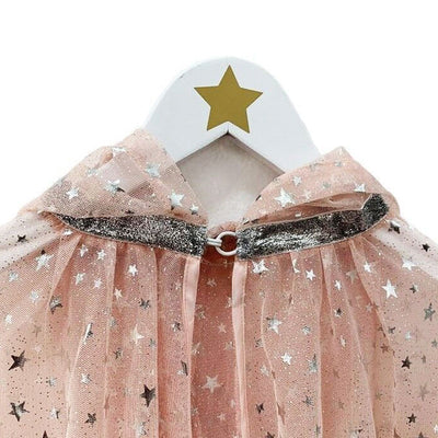 Pink tulle cape with hood and silver stars