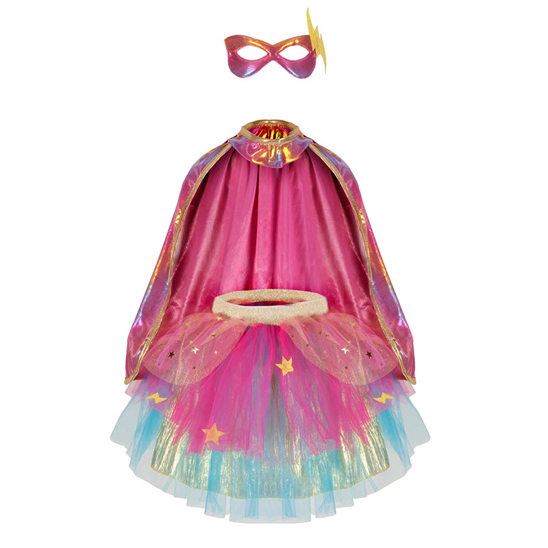 Pink superheroine cape, mask and tutu costume