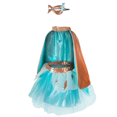 Turquoise superheroine cape, mask and tutu costume