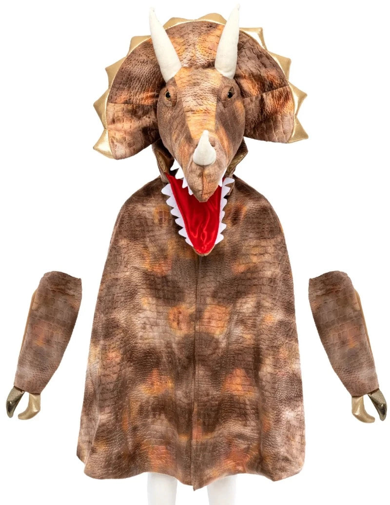 Disfraz capa dinosaurio Triceratops marrón con guantes