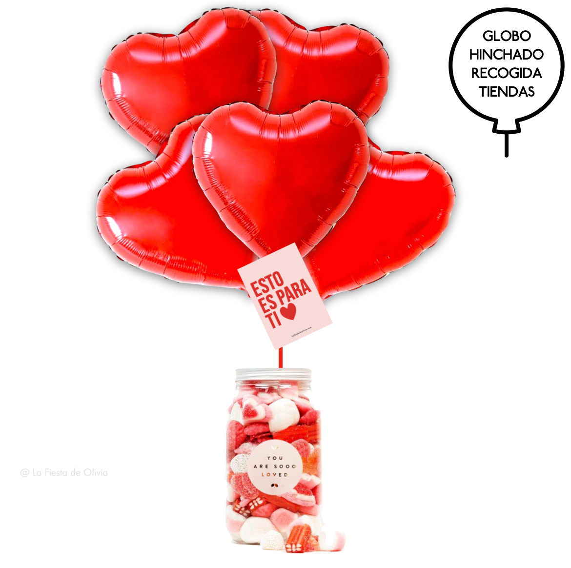 Bouquet globos corazón rojo con bote de chuches
