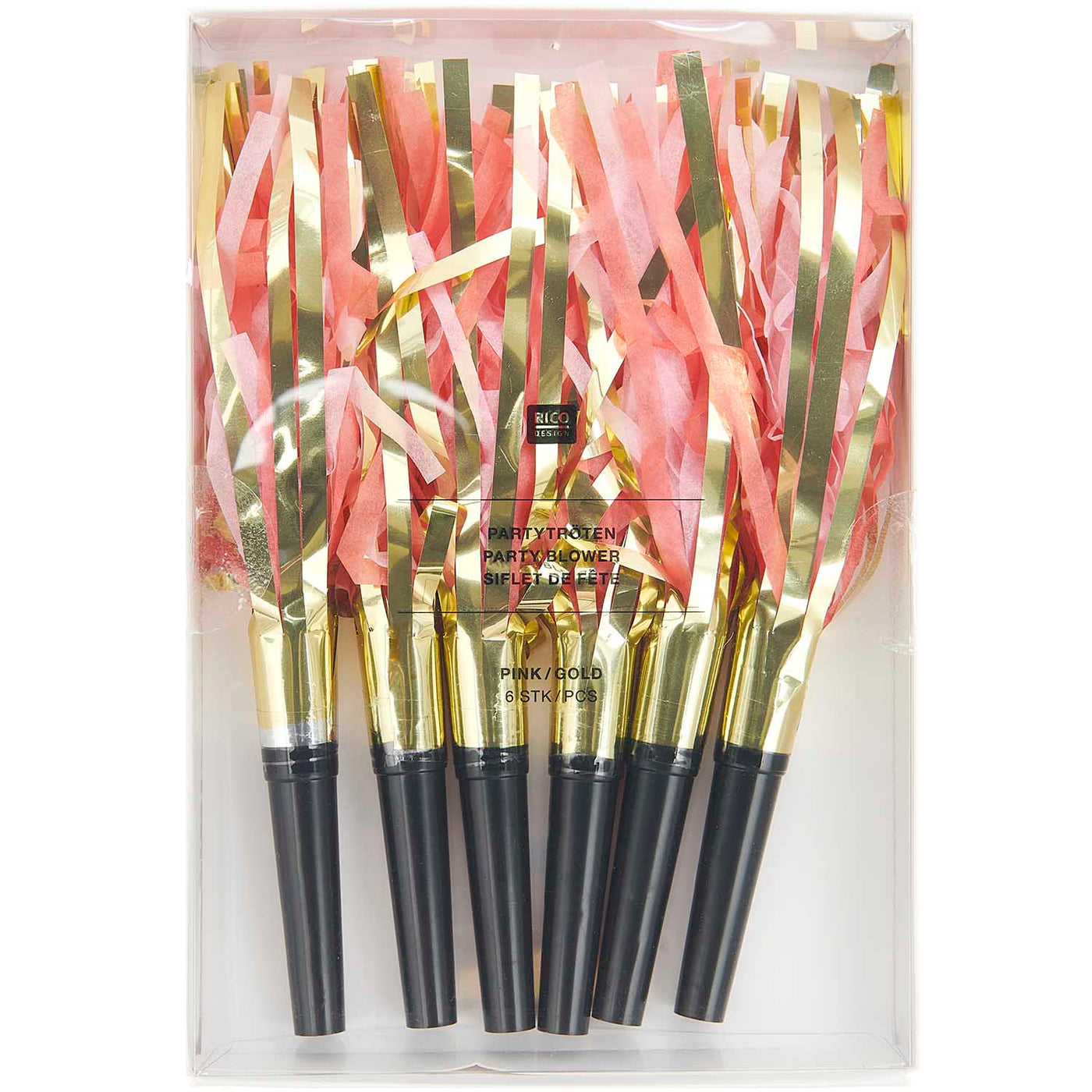 Pink and gold party blowers / 6 pcs.