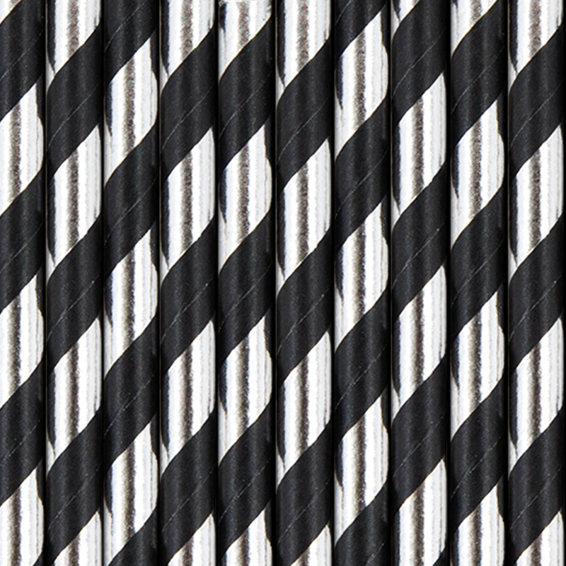 Pajitas de rayas negras y plateadas / 10 uds.