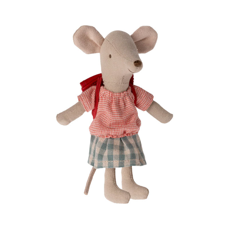 Maileg red tricycle mouse with backpack