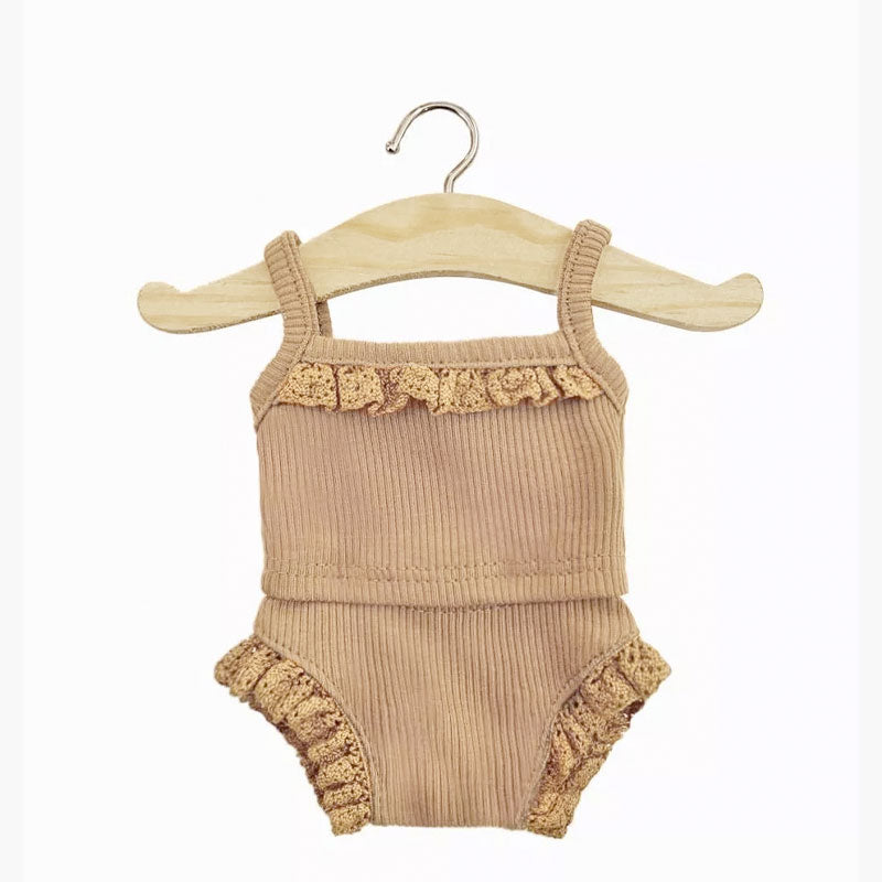 Ropa interior canalé y encaje marrón para muñeca Minikane Gordis