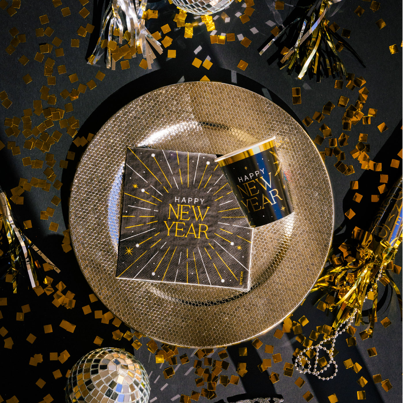 Vasos negros Happy New Year / 6 uds.