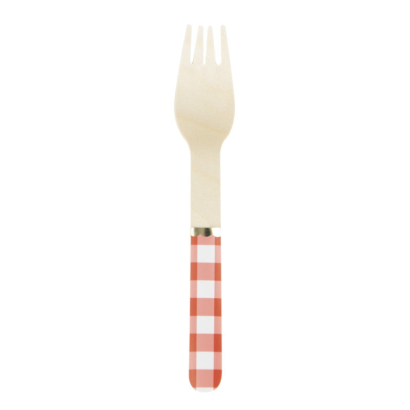 Red Gingham wood fork with gold detail Eco / 8 pcs.