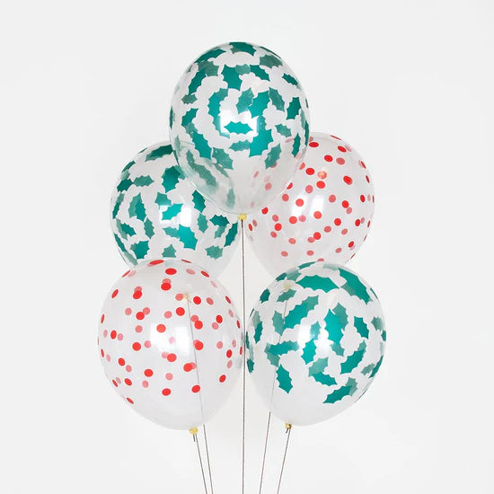 Christmas holly patterned balloons / 5 pcs.