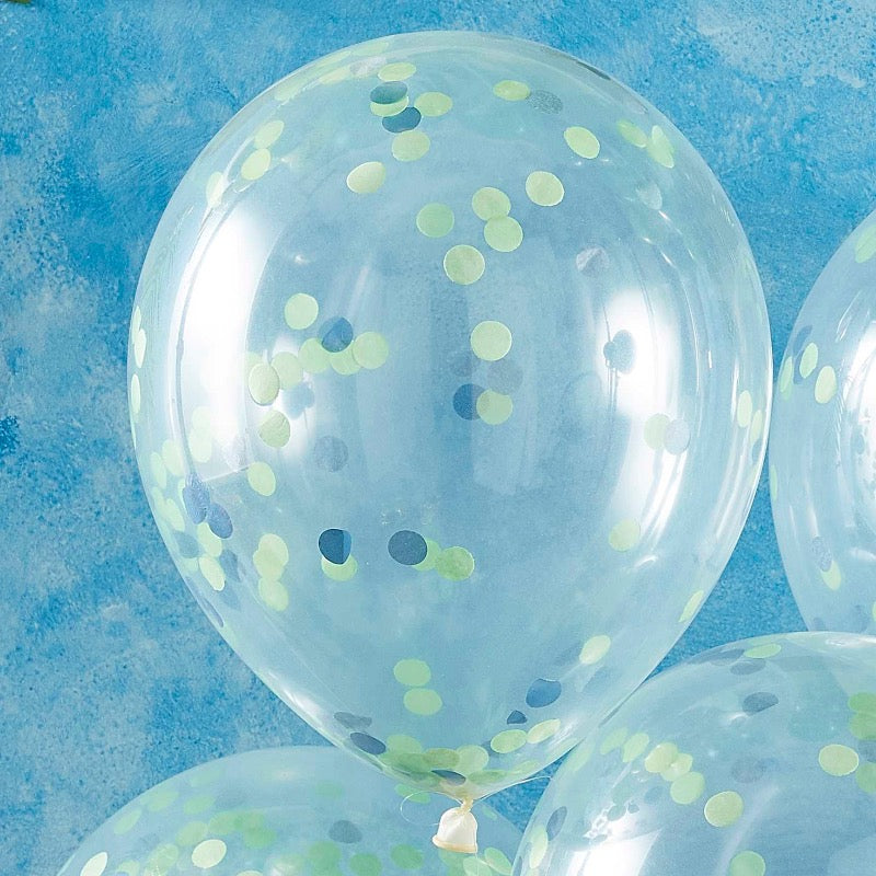 globos confeti azul y verde La Fiesta de Olivia 