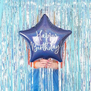 Balão foil estrela azuis iridescentes Happy Birthday