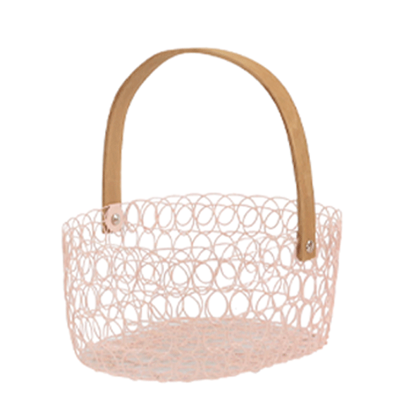 Pink metallic basket with wooden handle