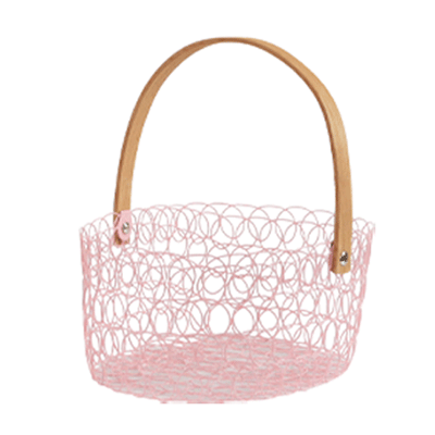 Pink metallic basket with wooden handle