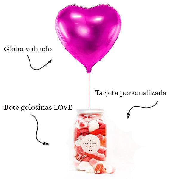 WOW BOX Globo corazón fucsia, mensaje personalizado y Bote golosinas LOVE