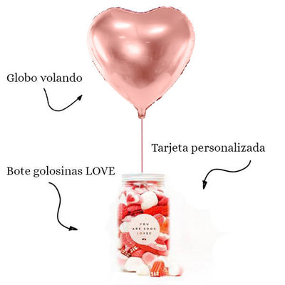 WOW BOX Globo corazón Oro rosa, mensaje personalizado y Bote golosinas LOVE