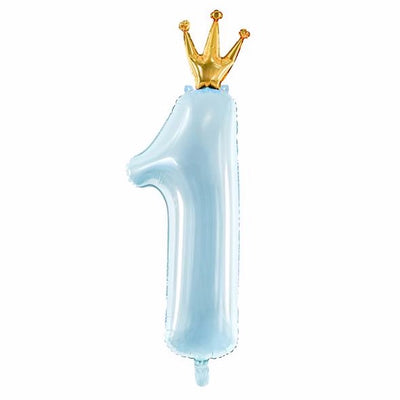 Light blue number 1 foil balloon with crown