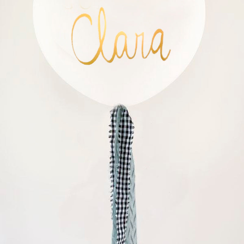 White Bio Latex L balloon inflated with vichy and mint fabric and Lettering