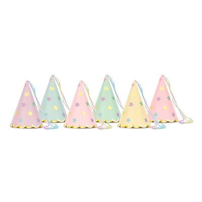 Party hats mix pastel stars and ribbons / 6 units.
