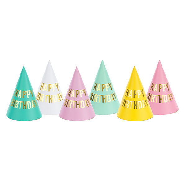 Happy Birthday pastel mix party hats / 6 pcs.