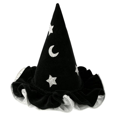 Chapéu de bruxa de veludo preto e prata