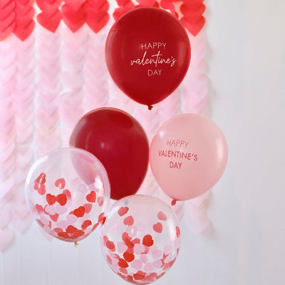 Mix globos San Valentín rosa, rojo y confetti / 5 uds.