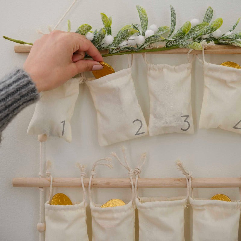 Advent calendar cloth bags and mistletoe