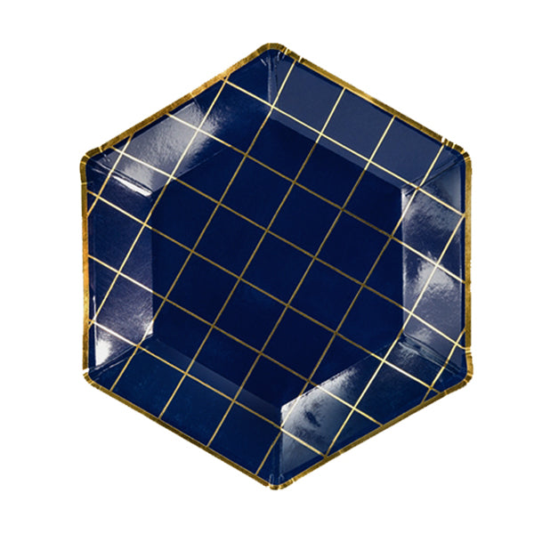 Night blue hexagonal plate with golden lines / 6 units.