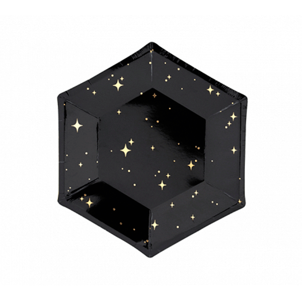 Plato hexagonal negro con estrellas doradas / 6 uds.