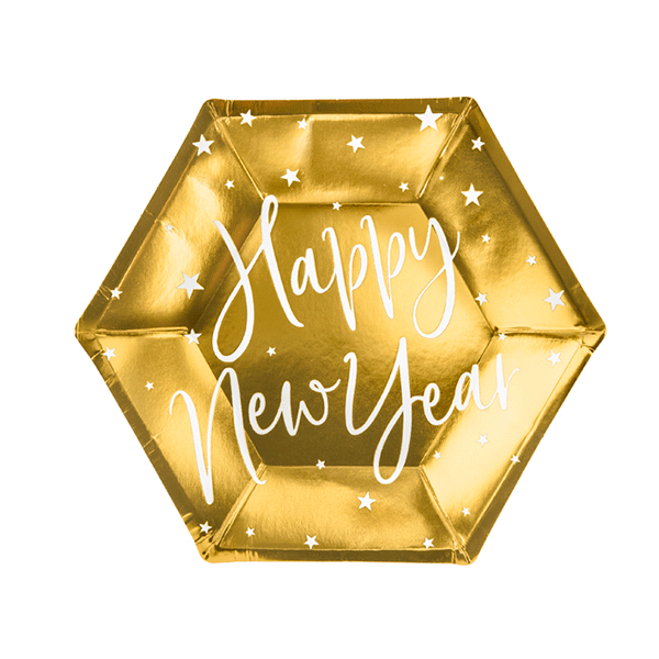 Plato hexagonal dorado Happy New Year / 6 uds.