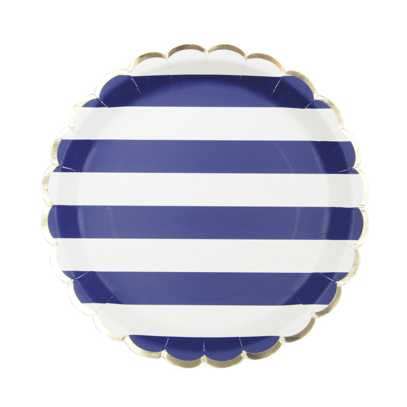 Navy blue stripe plates with gold detail / 8 units