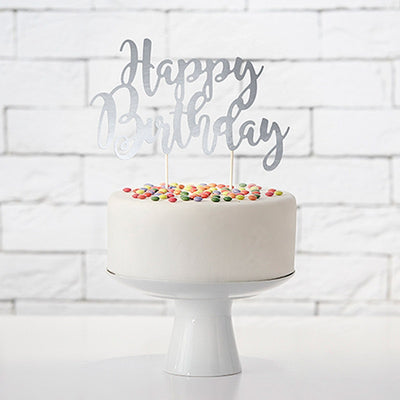 Silver Happy Birthday cake topper
