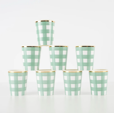 Green Vichy glass with gold rim / 8 units.